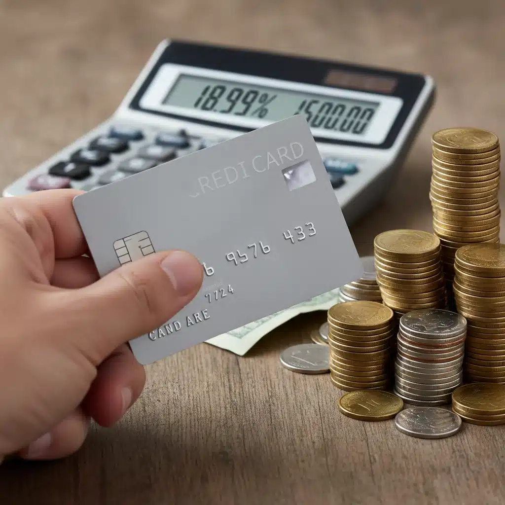 Hand holding credit card with calculator and coins, symbolizing consumer debt and interest rate impact.