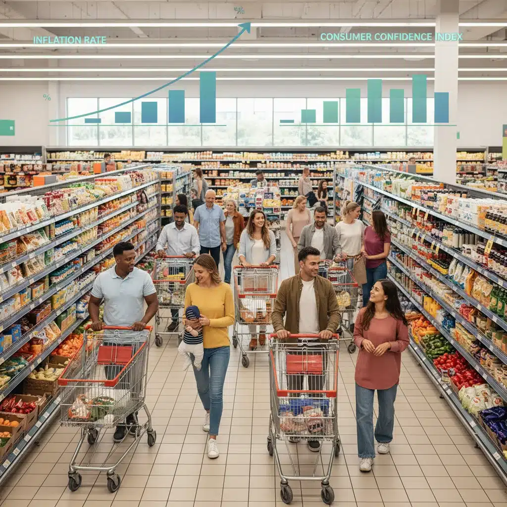 Consumers shopping in a supermarket with inflation data overlay