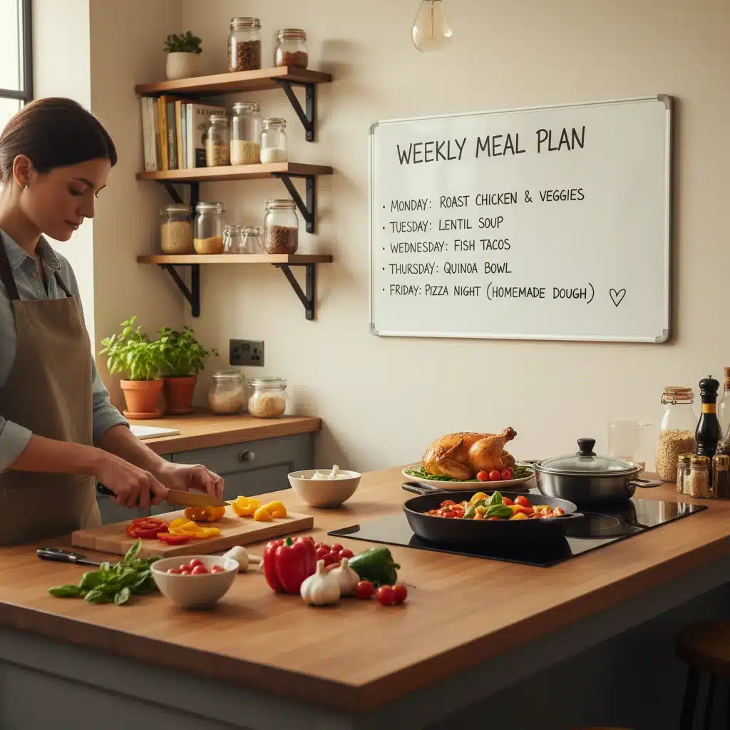 Person cooking with fresh ingredients, meal plan visible in background.