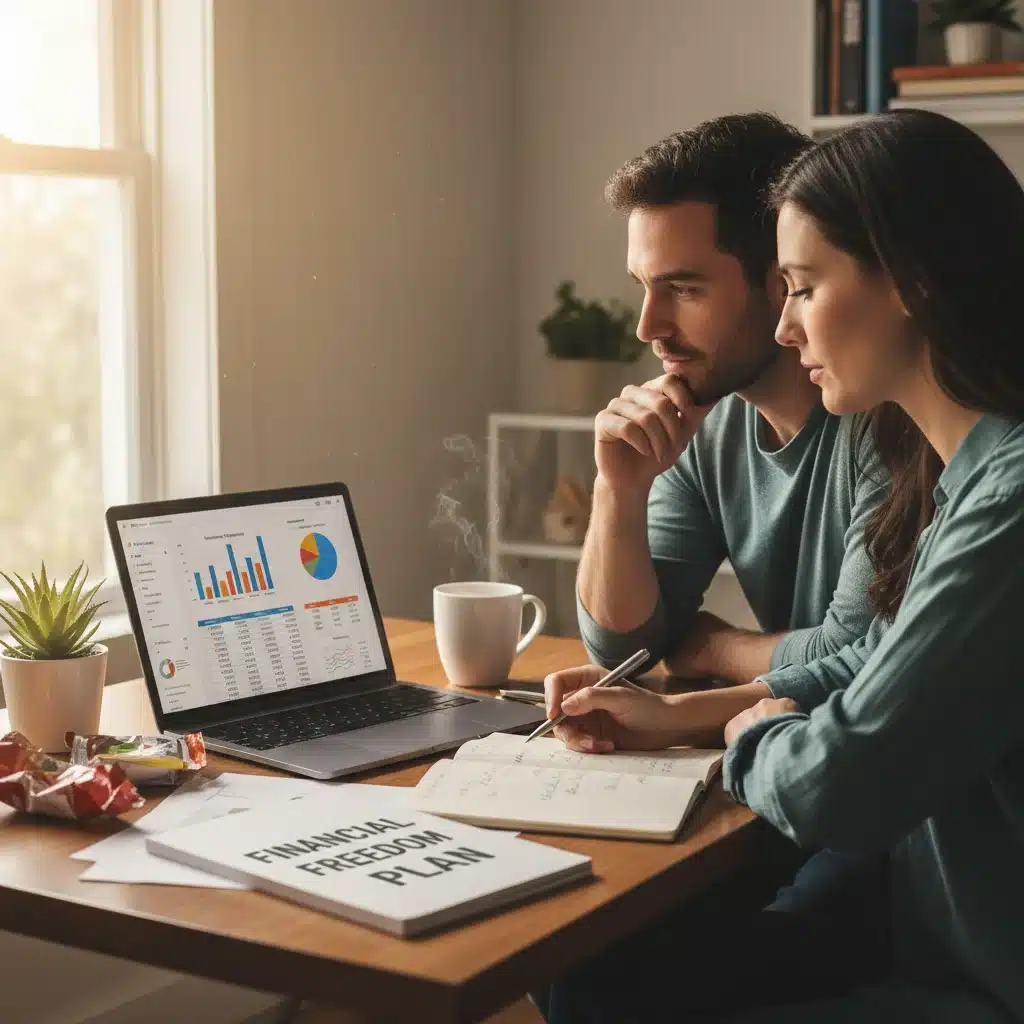 Couple reviewing financial dashboard on laptop, discussing budget goals