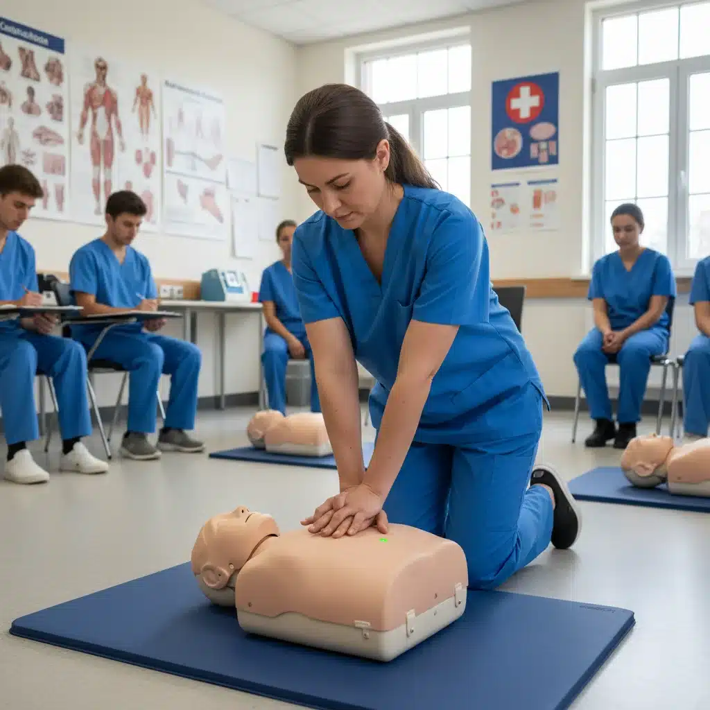 Adult practicing CPR on a manikin, focusing on proper technique