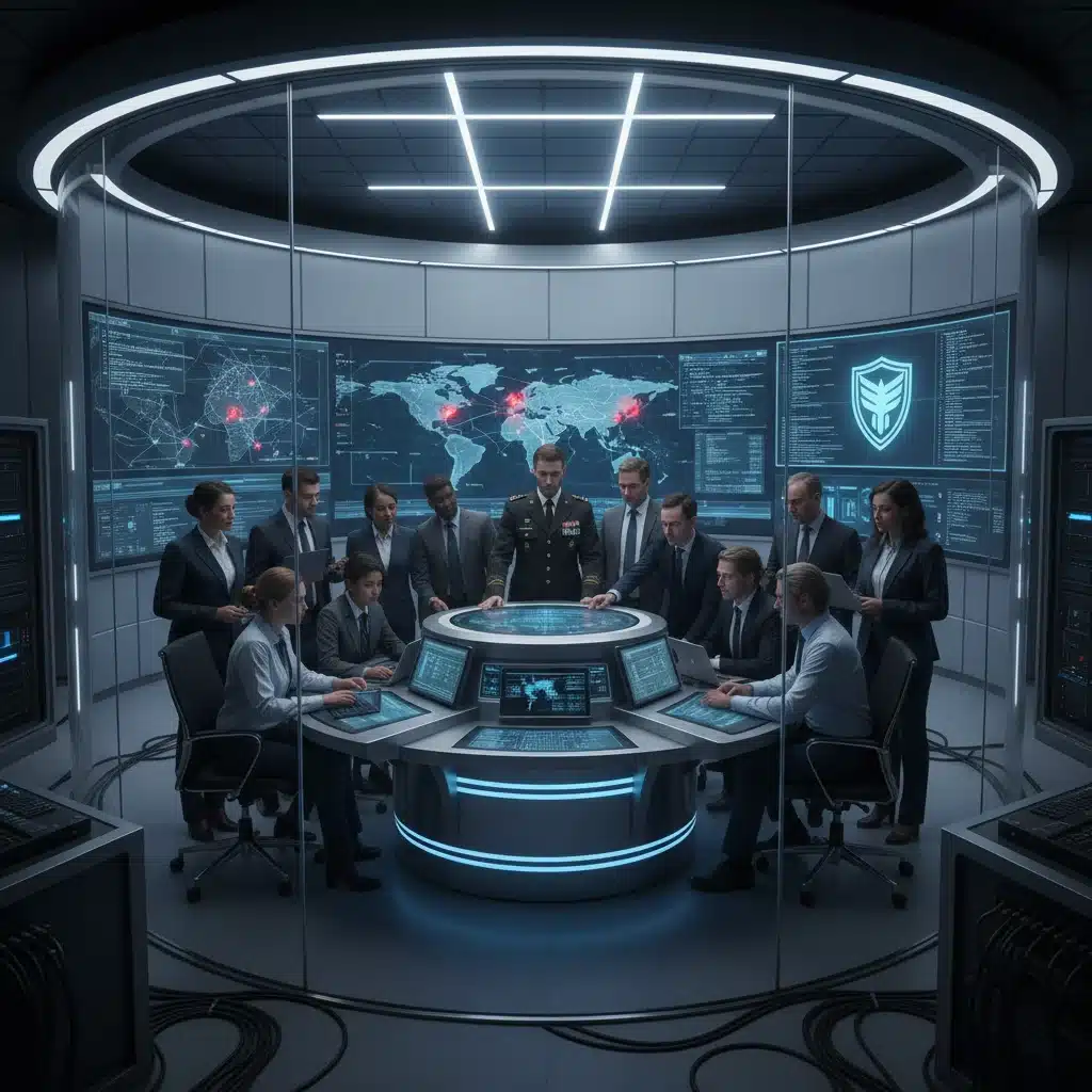 Cybersecurity professionals collaborating in a command center