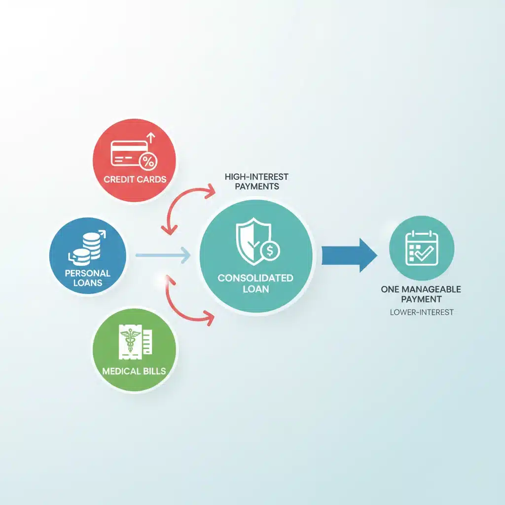 Infographic showing multiple debts consolidating into one manageable payment