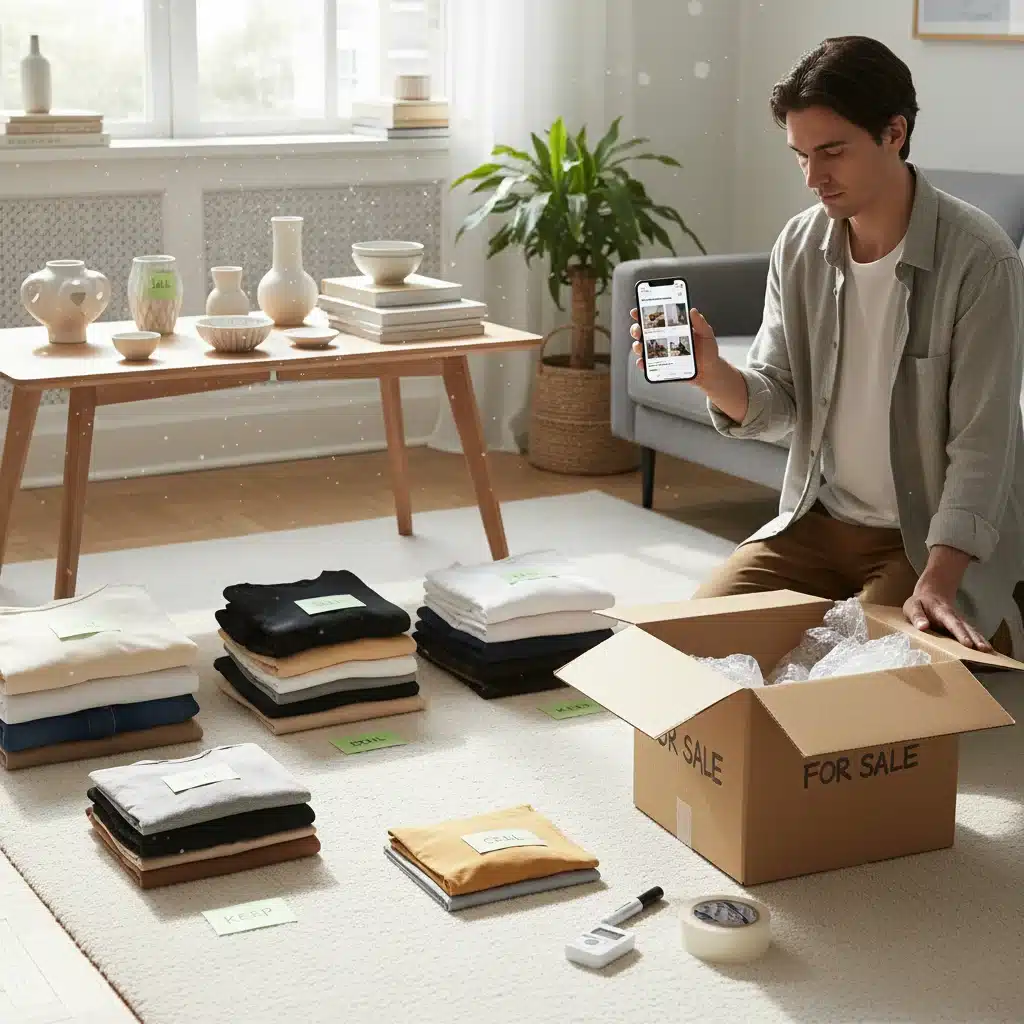 Person organizing items for sale online, decluttering home.