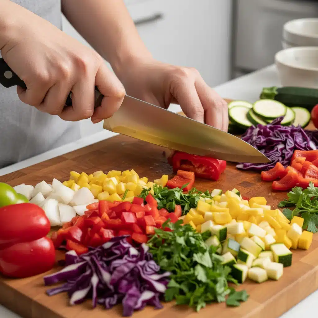 Hands expertly dicing colorful vegetables on a cutting board.