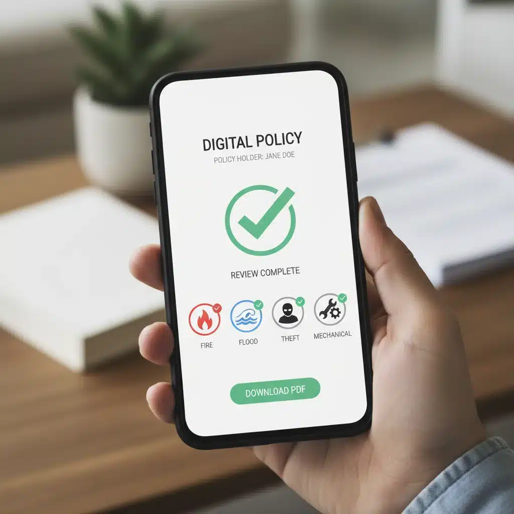 Digital home insurance policy review on smartphone with coverage icons