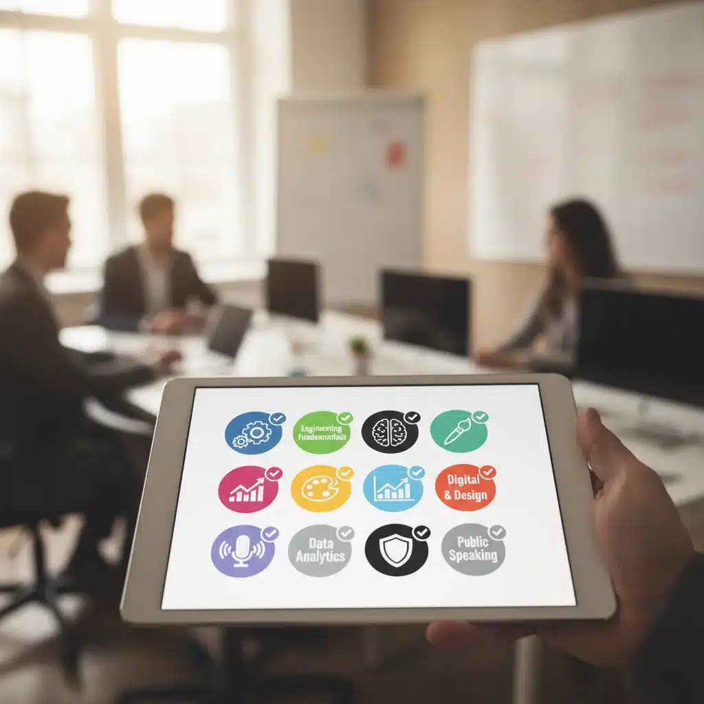 Hand holding tablet displaying micro-credential icons for skill development.