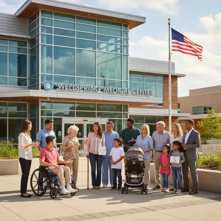 Diverse group in front of hospital, symbolizing US healthcare policy impact