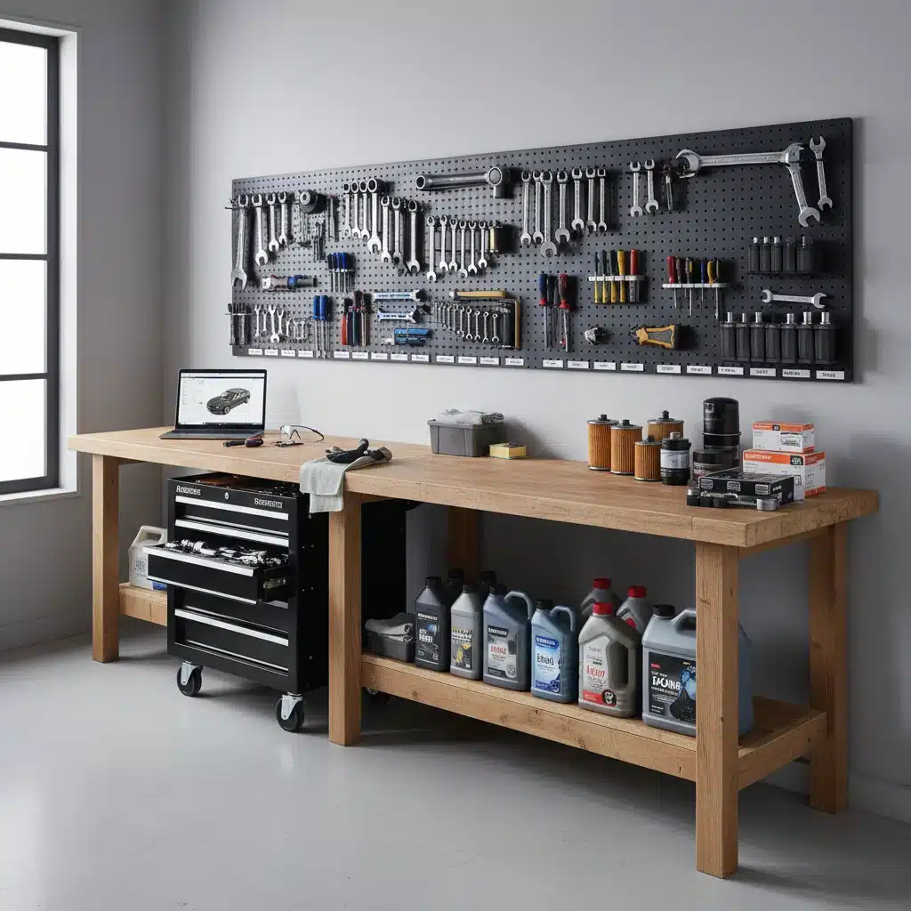 Automotive tools and fluids on garage workbench