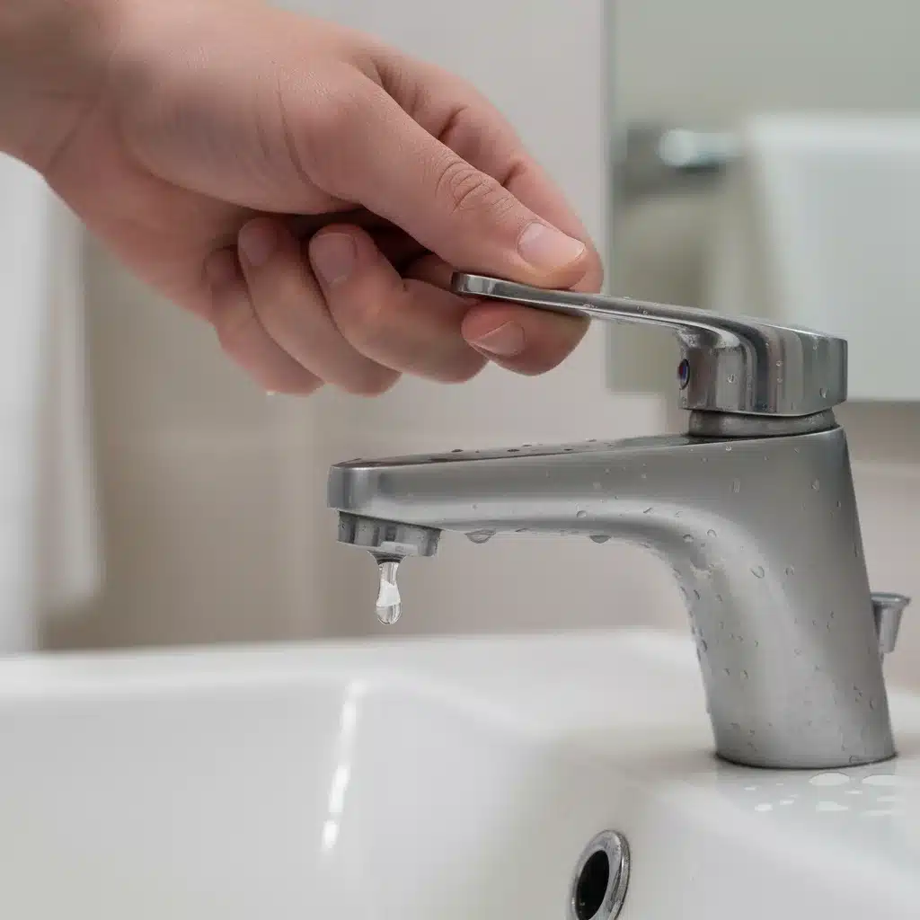 Hand turning off a dripping faucet, symbolizing water waste prevention.