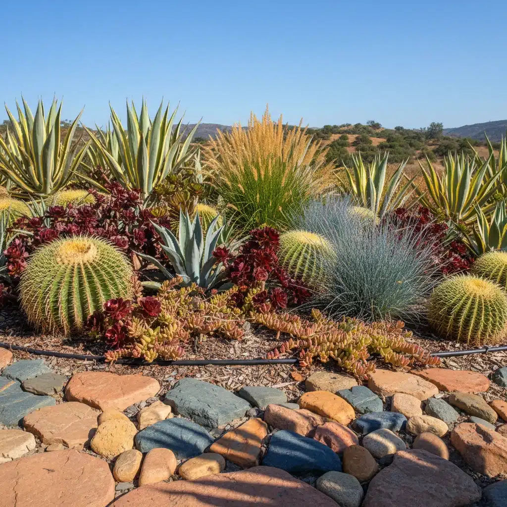 Drought-tolerant garden with drip irrigation system for efficient watering.