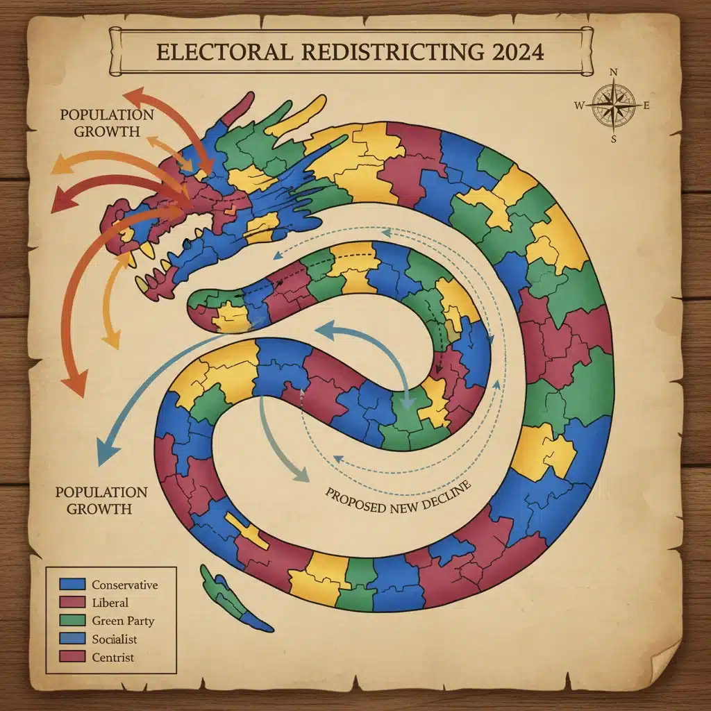 Map illustrating redrawing of electoral districts based on population changes and demographic shifts.