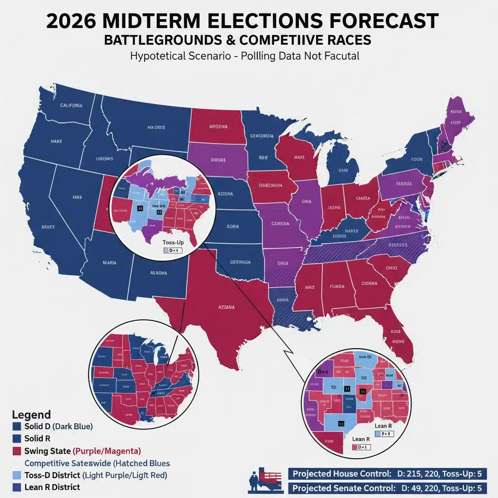 Detailed electoral map showing key swing states and competitive districts for 2026 midterms