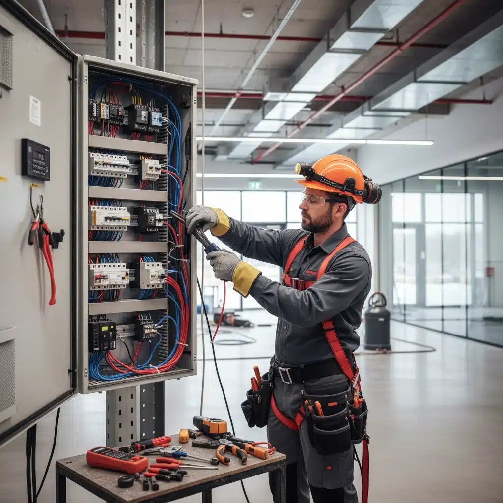 Electrician expertly wiring a complex commercial electrical panel