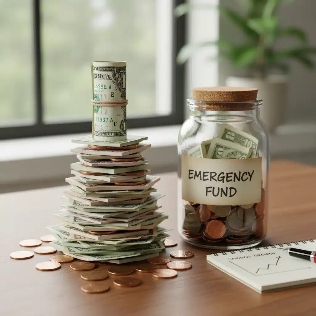 Coins and bills next to an emergency fund jar