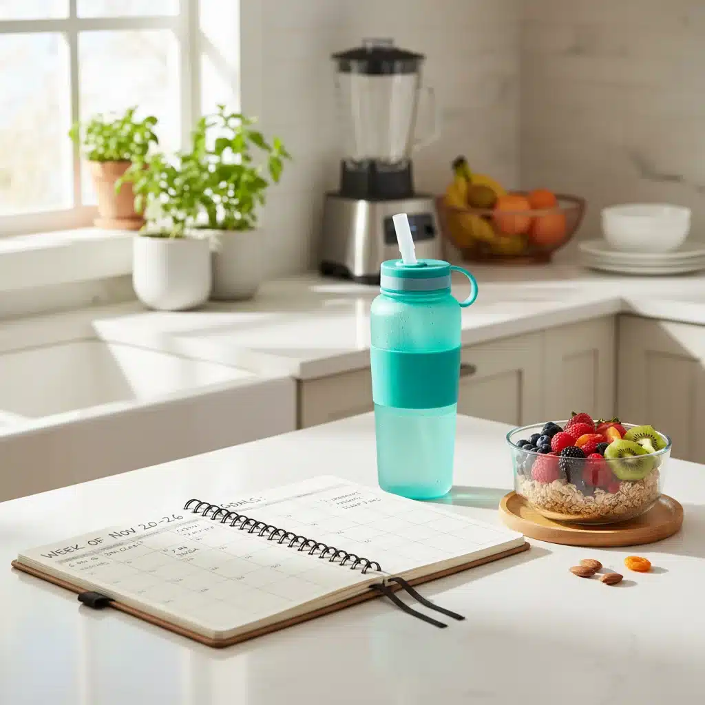 Weekly planner and healthy items, symbolizing consistent exercise planning