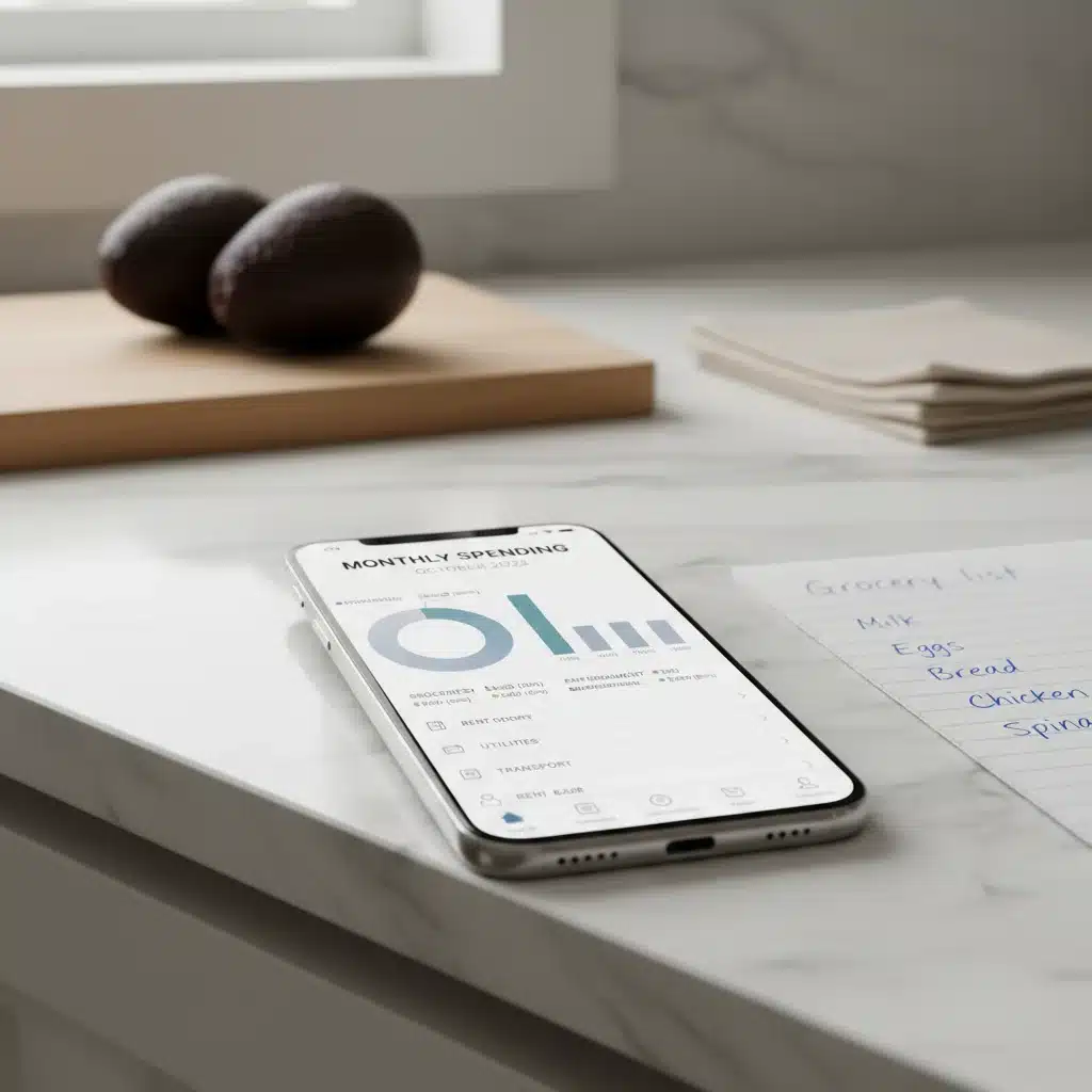 Expense tracking app on a smartphone showing detailed financial categories