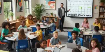 Students and teachers engaged in an extended school year classroom, demonstrating active learning and positive interactions.