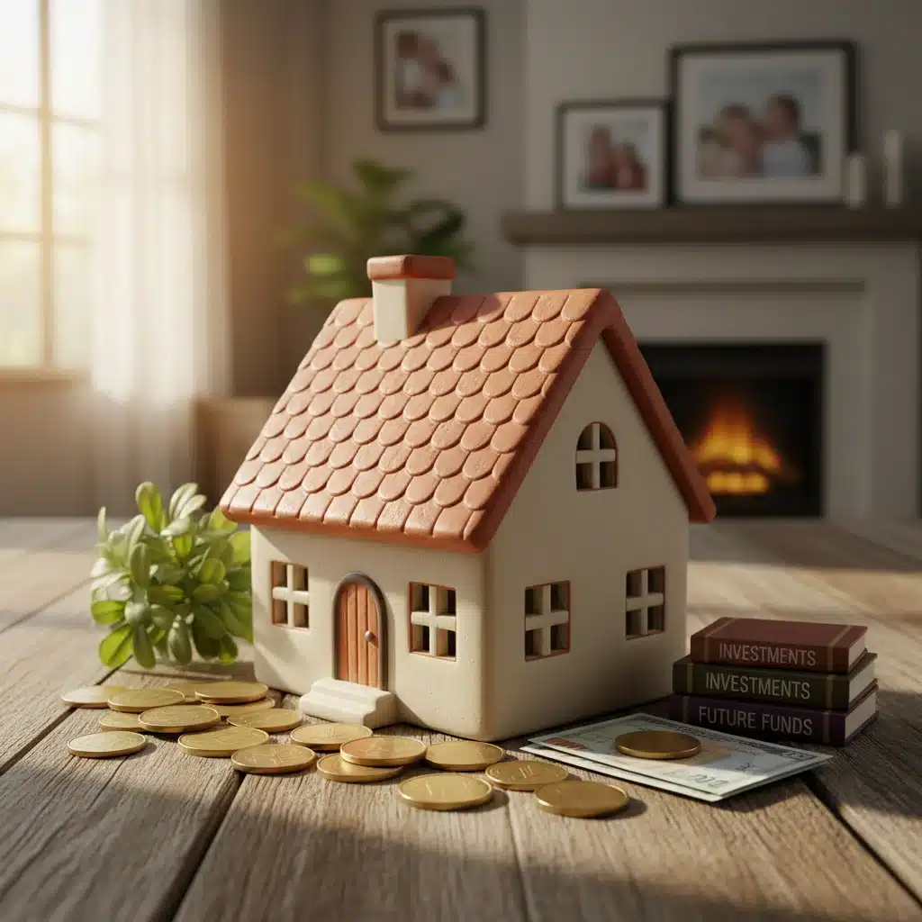 House-shaped piggy bank with money, representing family asset growth
