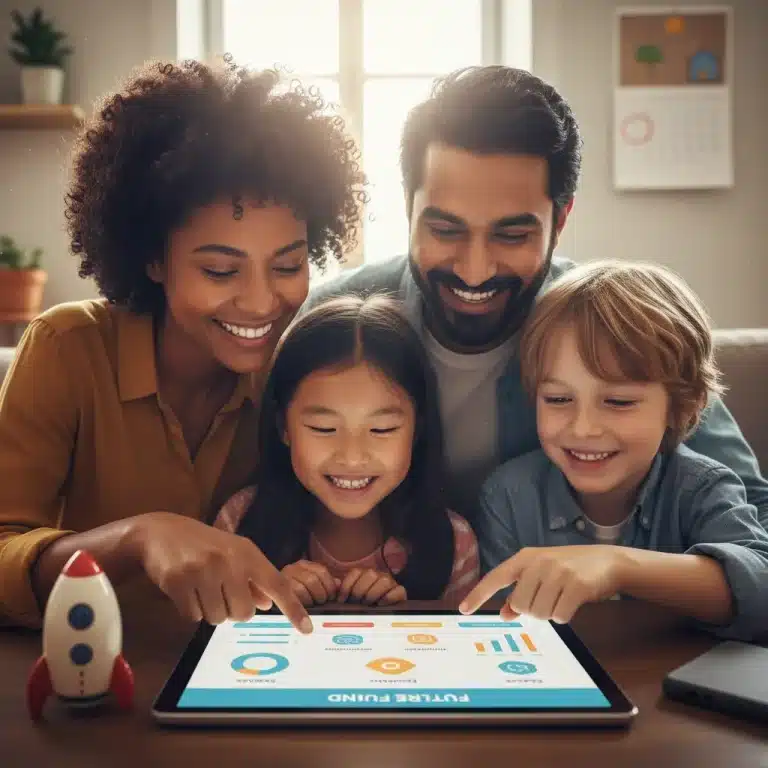 Family using a budgeting app on a tablet for financial planning in 2026