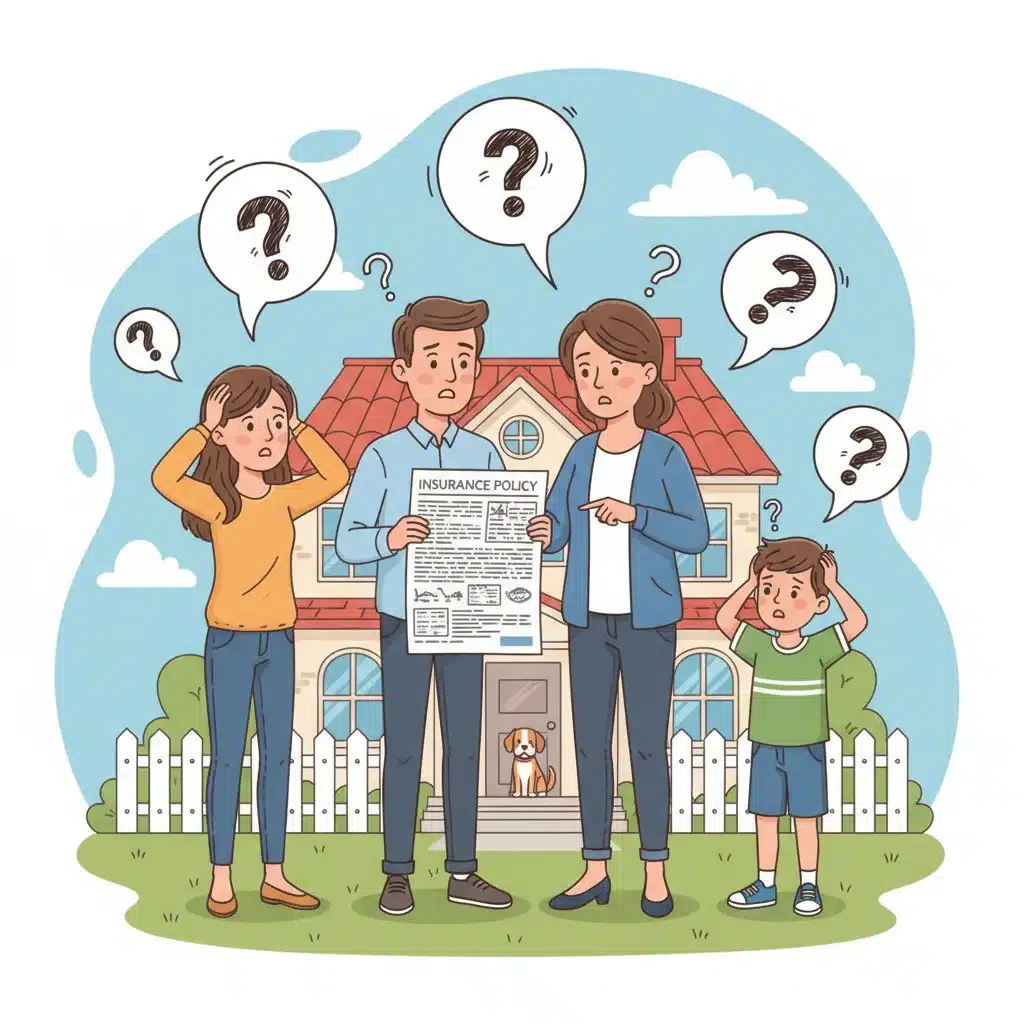 Confused family reviewing complex home insurance policy document