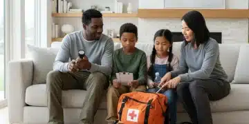 Emergency Preparedness Checklist: 7 Must-Haves for Every US Household by 2026 Family reviewing their emergency preparedness kit in a safe home environment