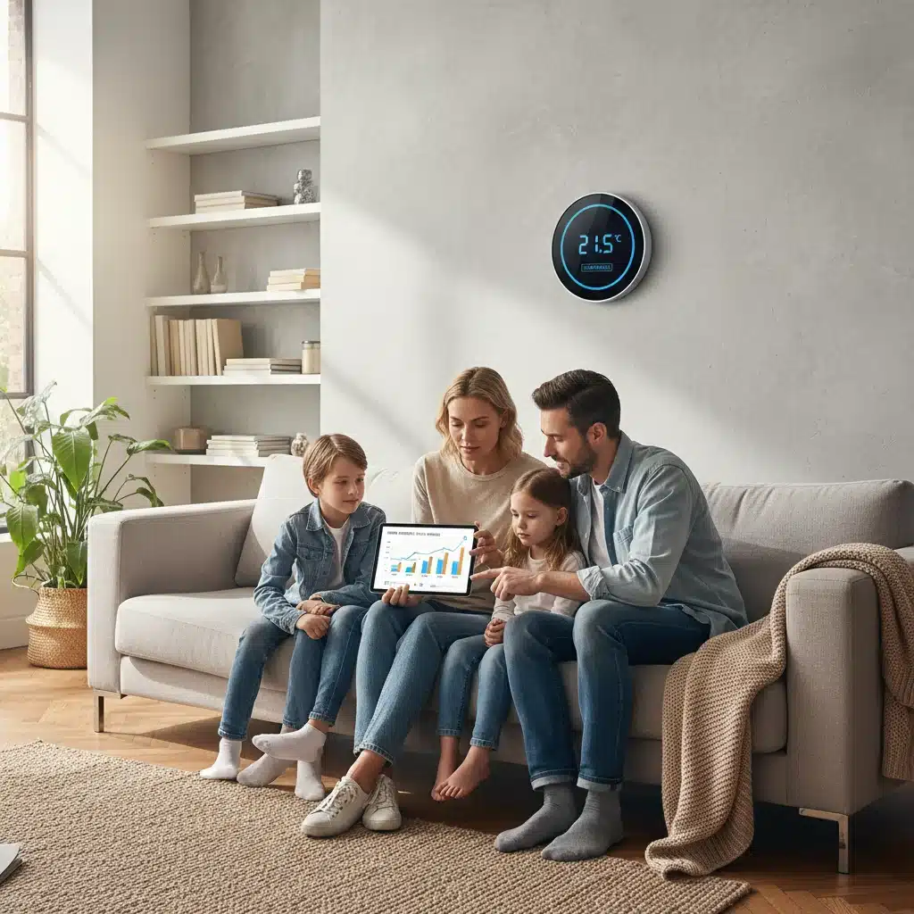 Family reviewing energy consumption data on a tablet, highlighting smart home energy management.