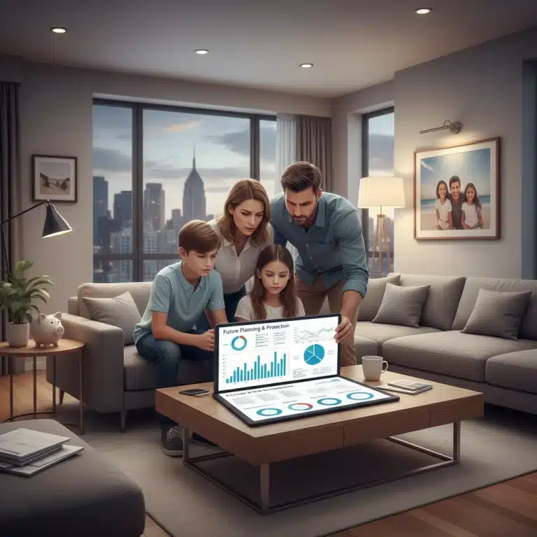 Family reviewing financial charts on a tablet to plan for inflation.