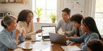 Family reviewing finances on laptop, planning for increased income.