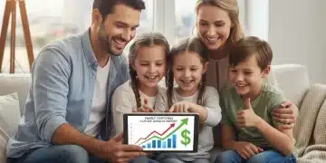 Happy family reviewing investment growth on a tablet