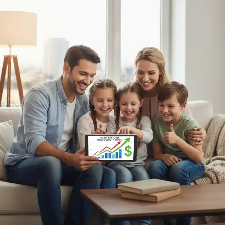 Happy family reviewing investment growth on a tablet