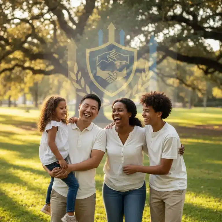 Happy family embracing in a park, symbolizing financial security and life insurance protection.