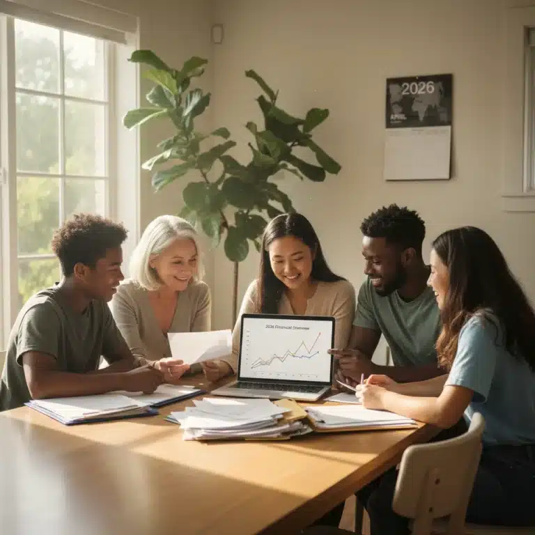 Family reviewing 2026 tax documents, smiling at financial planning