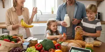 Family unpacking groceries in kitchen, symbolizing significant grocery savings.