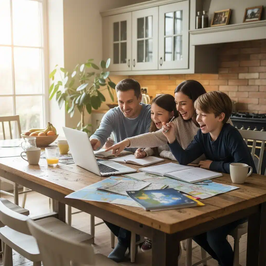 Family planning their 2026 vacation together, reviewing travel options.