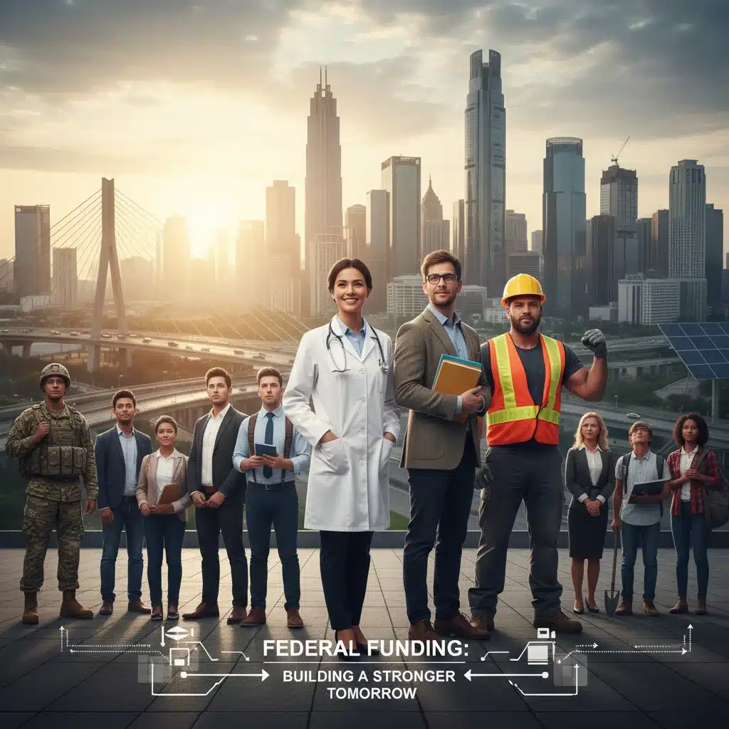 Diverse professionals representing sectors influenced by federal budget spending.