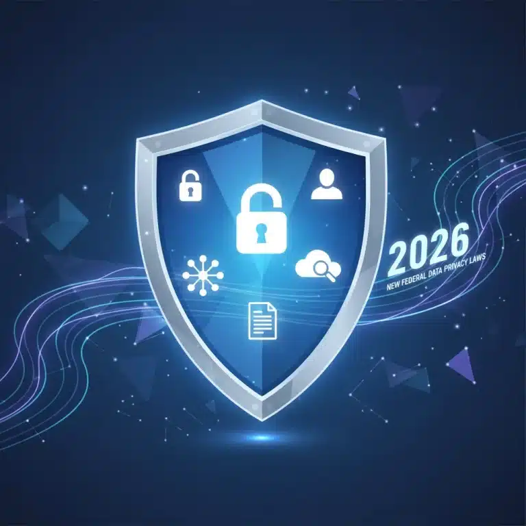 Digital shield protecting personal data with a 2026 timeline, symbolizing new federal data privacy laws.