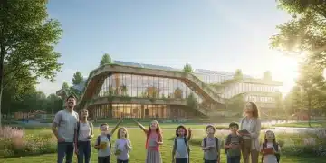 Federal Education Funding 2026: What Parents Must Know Now Parents and children look hopefully at a modern school building, symbolizing future education opportunities.