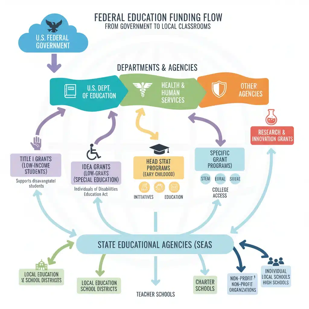Infographic showing the allocation and flow of federal education funds to schools.