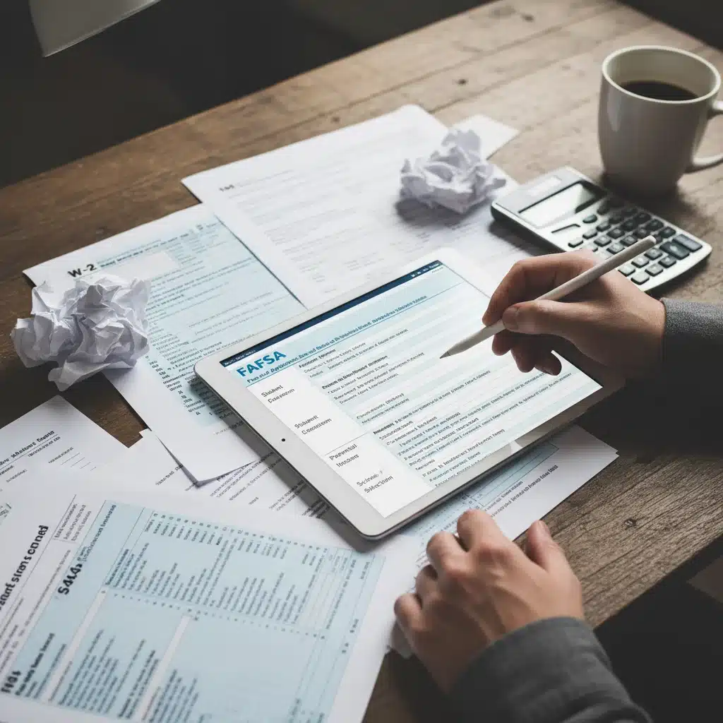 Hand filling out FAFSA form on tablet with financial documents