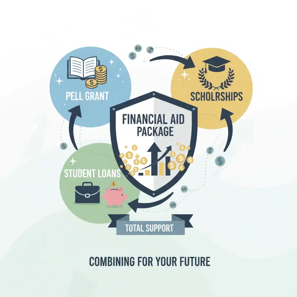 Infographic illustrating a comprehensive financial aid package with Pell Grant
