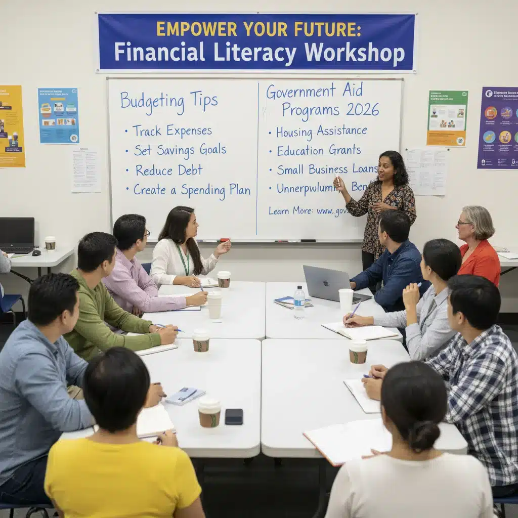 Community workshop discussing financial planning and government aid