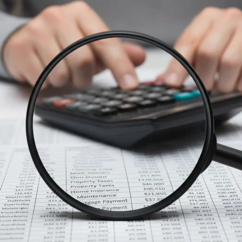 Magnifying glass on financial spreadsheet, budgeting for home expenses