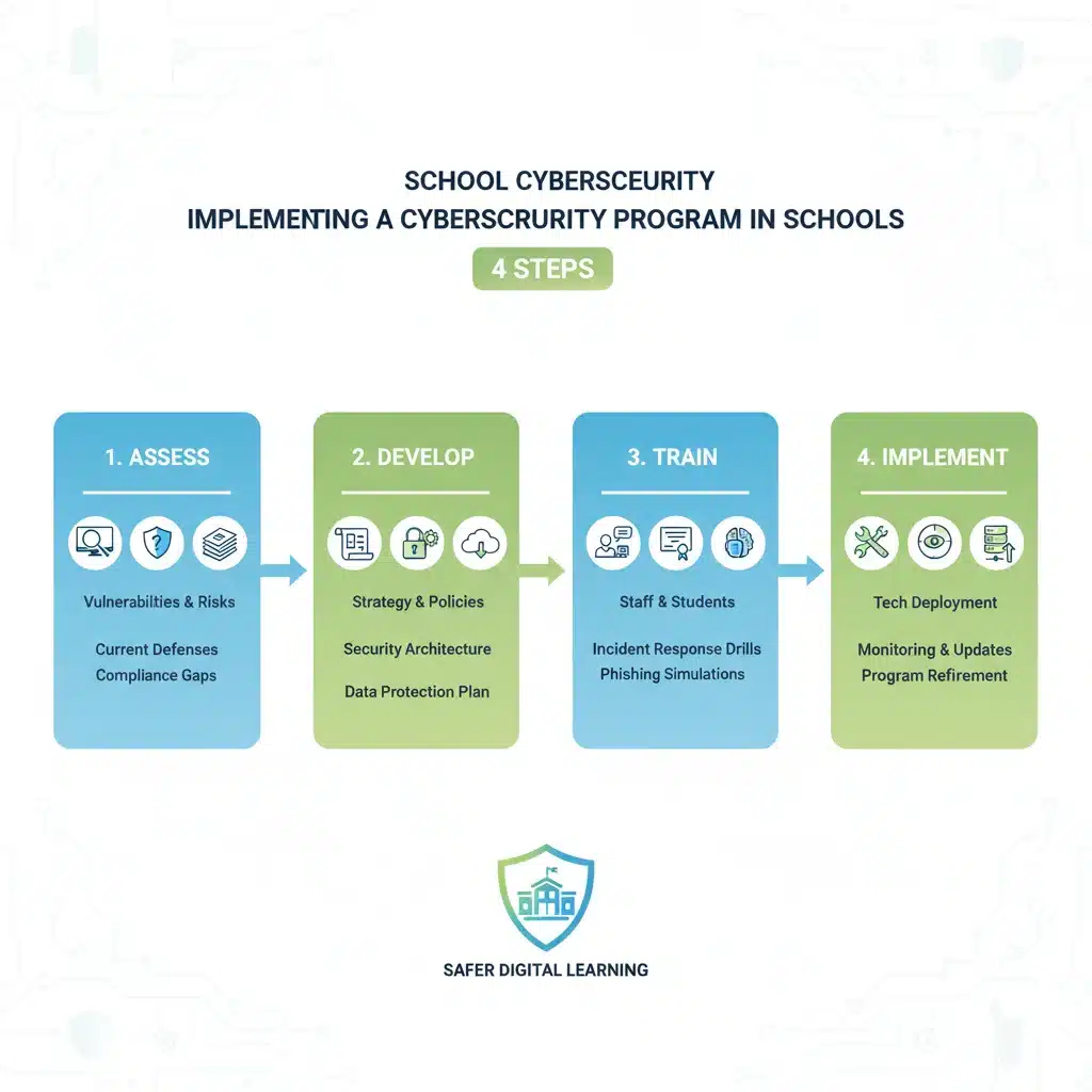 Infographic showing a four-step process for implementing school cybersecurity programs.