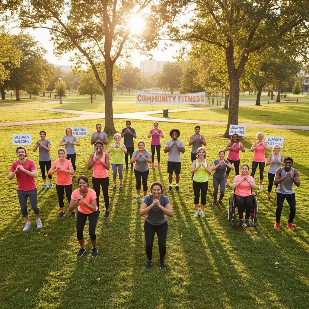 Diverse group enjoying outdoor fitness class, promoting exercise consistency