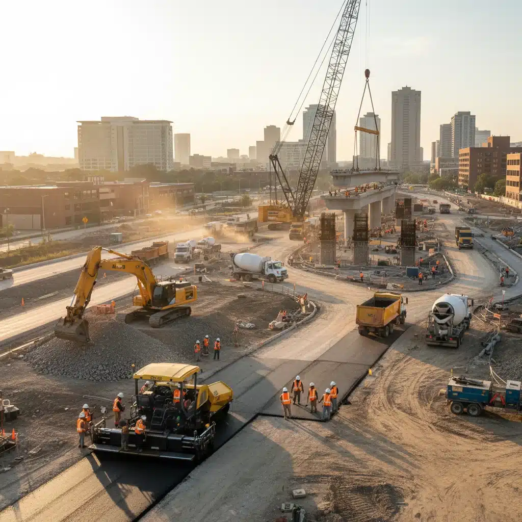 Construction workers building new highway infrastructure