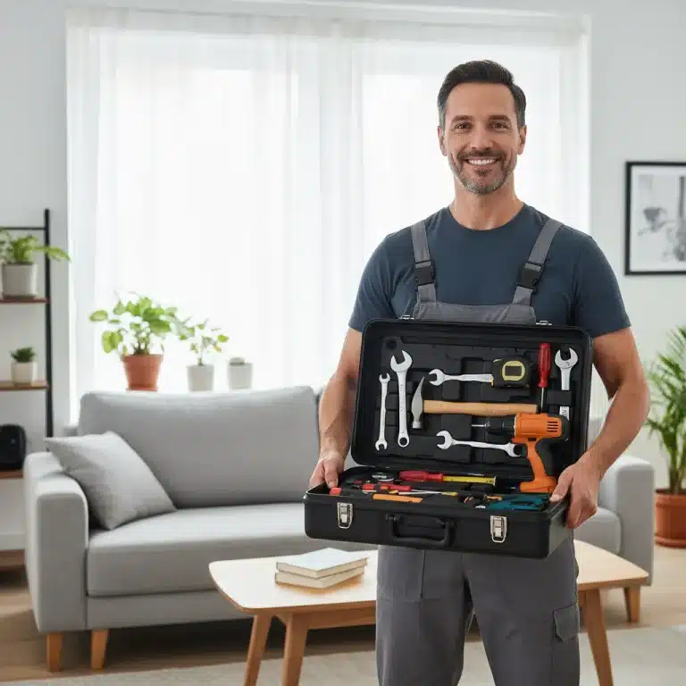 Person with toolbox ready for home repairs, symbolizing DIY maintenance skills.