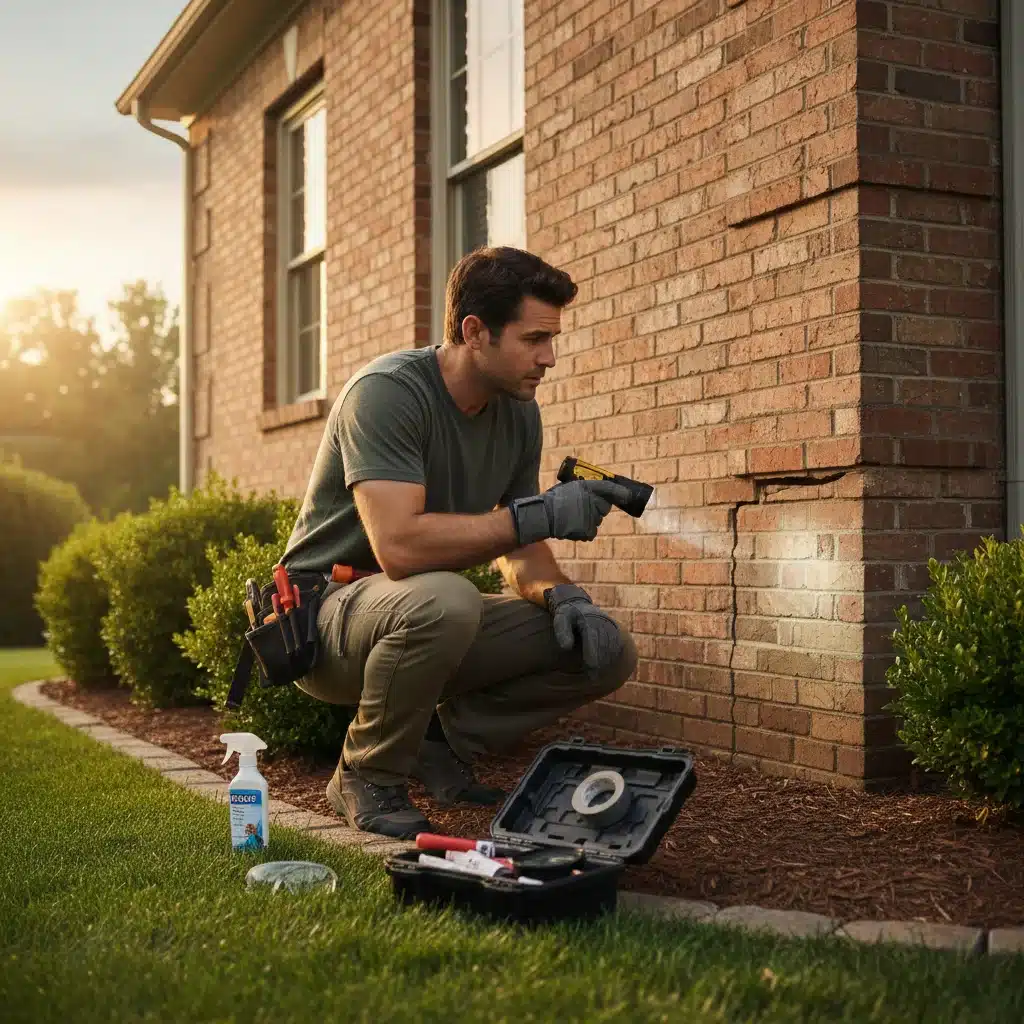 Homeowner inspecting house foundation for pest entry