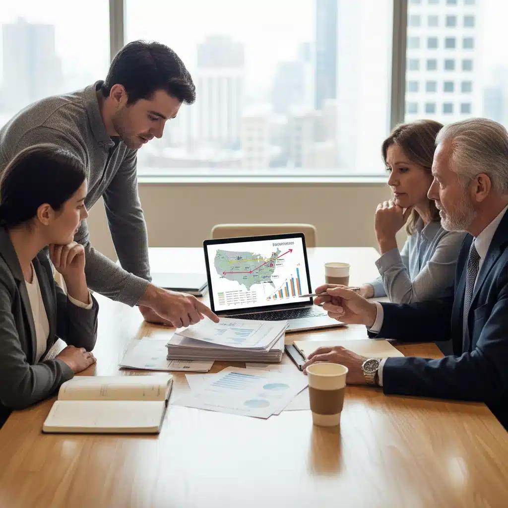 Diverse group discussing financial documents and housing market data