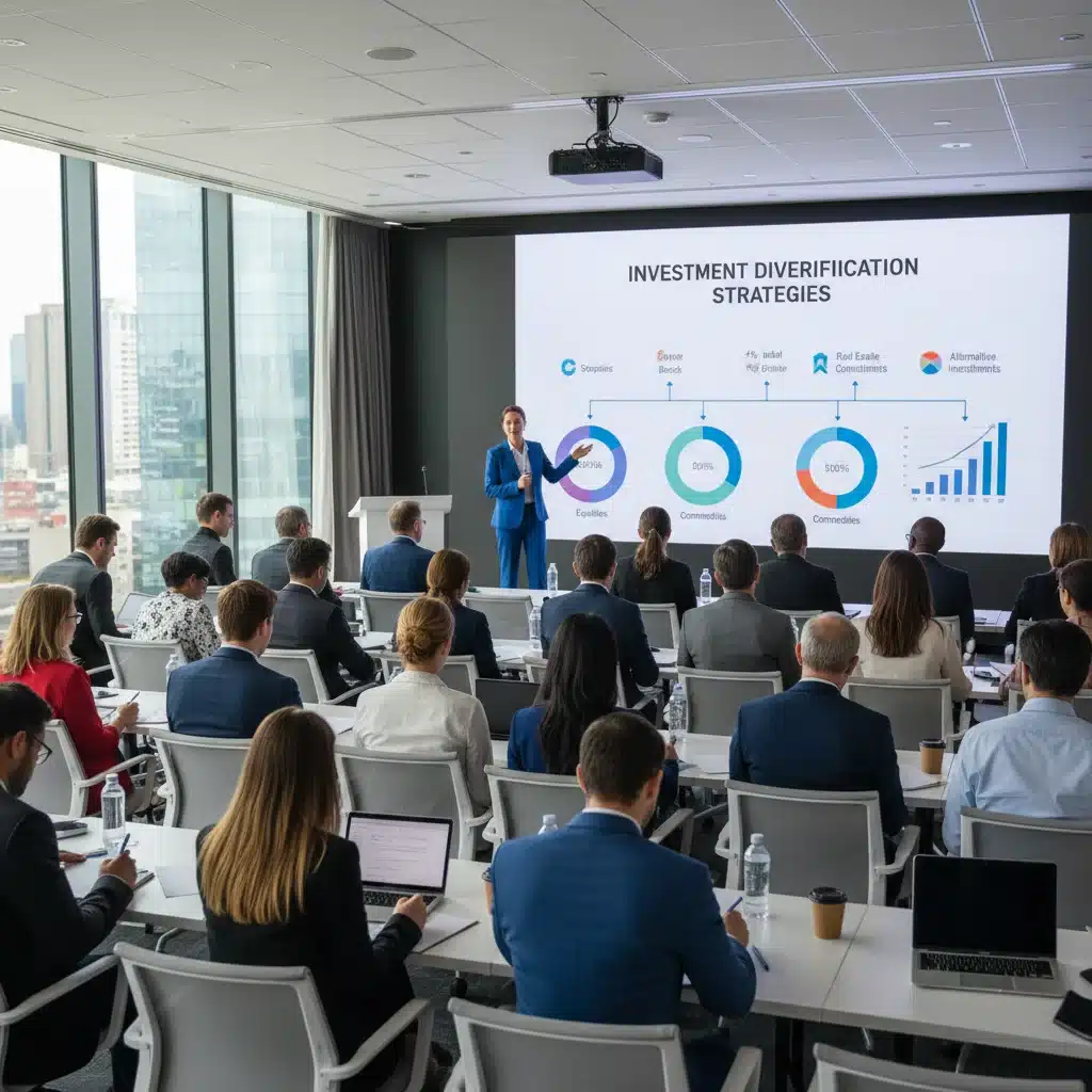 People learning about investment diversification at a financial seminar.